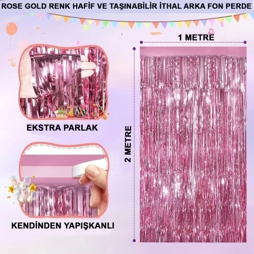 HERŞEYTREND Ekstra Metalize Parlak Saçaklı Arka Fon Perde Rose Gold ürün görseli 1
