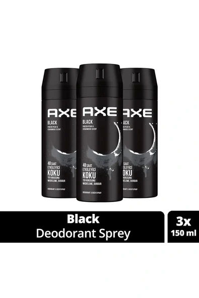 3 Adet Axe Erkek Deodorant & Bodyspray Black 48 Saat Etkileyici Koku Vücut Spreyi 150 ml ürün görseli 1