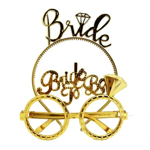 HERŞEYTREND Bride Yazılı Taç ve Bride To Be Yazılı Gözlük Seti Altın Renk ürün görseli 1