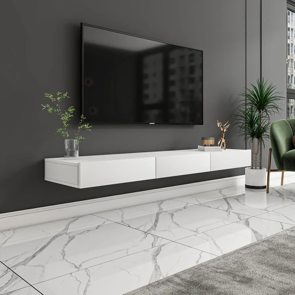 Avalon 3 Kapaklı Duvara Monte TV Sehpası – 140 cm,  Şık ve Fonksiyonel Minimal Tasarım  Beyaz ürün görseli 1