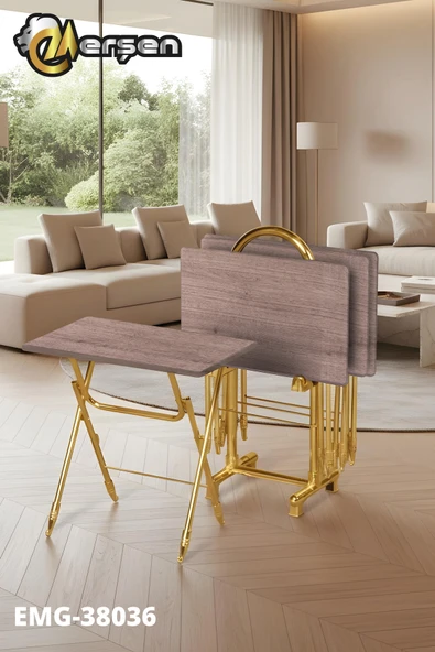 Erşen Sehpa Eranş Serisi 4'lü Katlanır MDF Mebran Ahşap Çanta Zigon Sehpa Gold Ayak ürün görseli 1