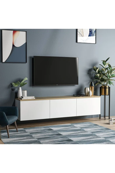 Neon Duvara Monte 3 Kapaklı TV Sehpası – 160 cm – Minimal Tasarım  Beyaz-Safir Meşe ürün görseli 1