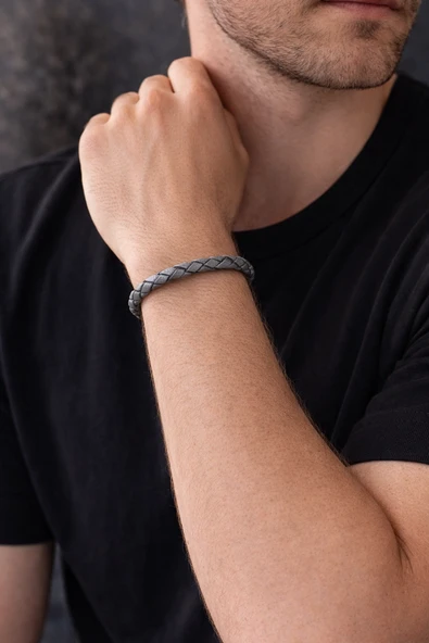 Graphite Steel Örgü Deri Bileklik – Çelik Kilitli Minimal Tasarım-1364 ürün görseli 1