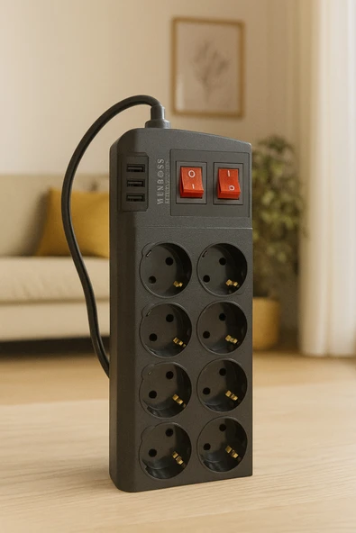 WINNBOSS Termal Akım Korumalı Anahtarlı 8li Priz 2mt 8li 3xusb 16A 4000W ürün görseli 1