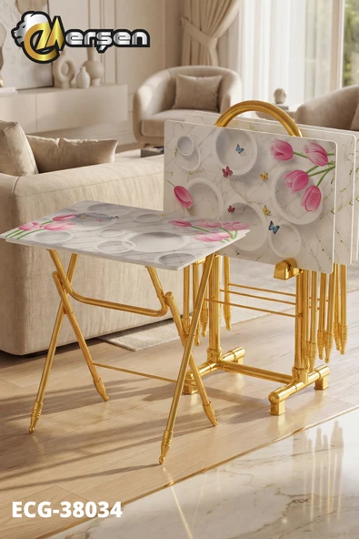 Erşen Sehpa Eranş Serisi 4'lü Katlanır CAM Daire ve Çiçek Desen Çanta Zigon Sehpa Gold Ayak ürün görseli 1