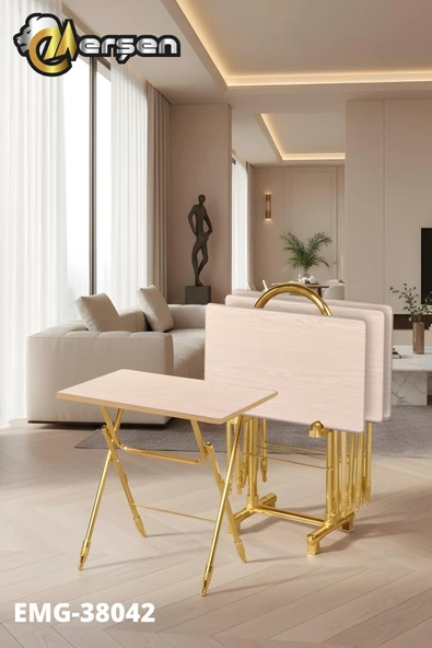 Erşen Sehpa Eranş Serisi 4'lü Katlanır MDF Mebran Ahşap Çanta Zigon Sehpa Gold Ayak ürün görseli 1