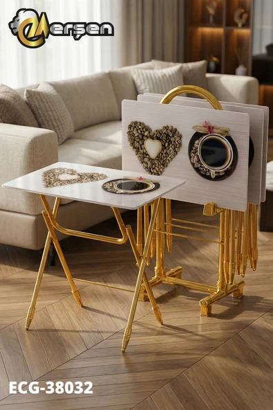 Erşen Sehpa Eranş Serisi 4'lü Katlanır CAM Kahve Desen Çanta Zigon Sehpa Gold Ayak ürün görseli 1