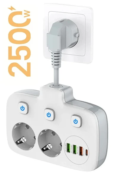 FİOPLUS Akım Korumalı 2'li Ayrı Anahtarlı Priz, 2x Priz, 3x USB, 1x Type-C, 2 mt Kablo, Hızlı Şarj ürün görseli 1