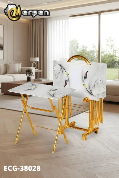 Erşen Sehpa Eranş Serisi 4'lü Katlanır CAM Beyaz Yaprak Desen Çanta Zigon Sehpa Gold Ayak ürün görseli 1
