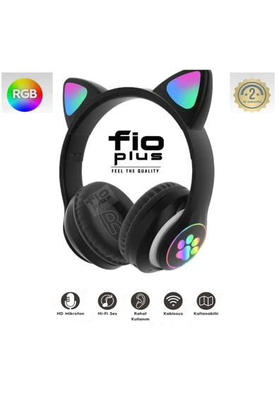 FİOPLUS Kablosuz Bluetooth 5.0 Led Işıklı Kedili Kulaklık Hediye ios Android Uyumlu 8d Stereo Hd Ses ürün görseli 1