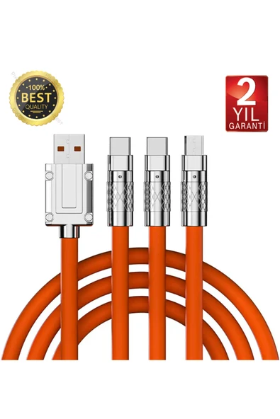 FİOPLUS ü1 Arada Işıklı Xıaomi Iphone Micro Type-c Uyumlu 3 Başlıklı 6a 120 W Çelik Hızlı Şarj Kablosu ürün görseli 1
