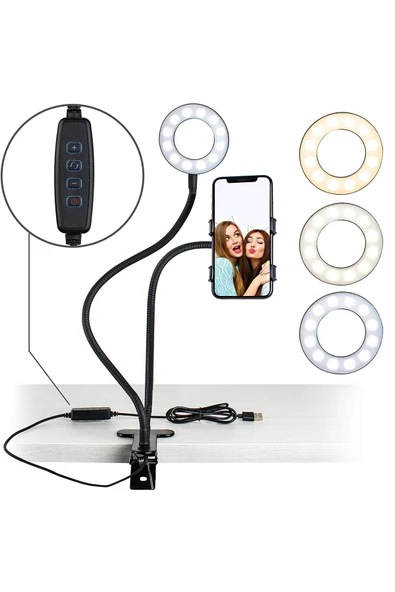 FİOPLUS 3 Renk Işıklı Parlaklık Ayarlı Usb Akrobatik Çalışma Lambası - Makyaj Işığı Flexible Masa Lambası ürün görseli 1