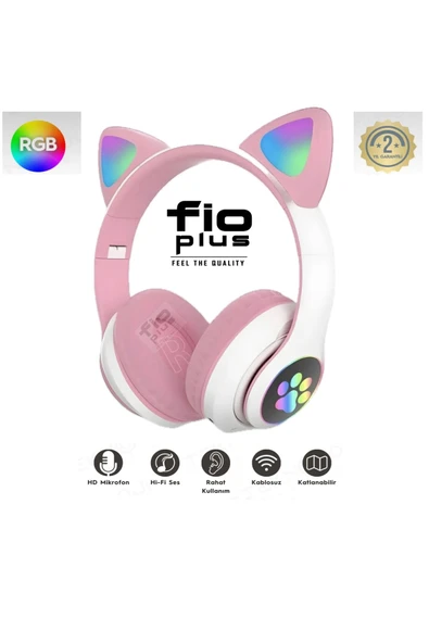 FİOPLUS Kablosuz Bluetooth 5.0 Led Işıklı Kedili Kulaklık Hediye ios Android Uyumlu 8d Stereo Hd Ses ürün görseli 1