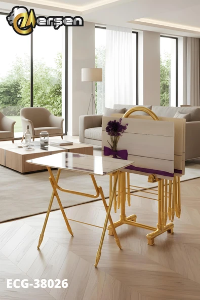Erşen Sehpa Eranş Serisi 4'lü Katlanır CAM Mor Çiçek ve Kurdele Desen Çanta Zigon Sehpa Gold Ayak ürün görseli 1