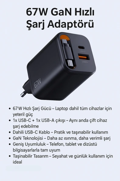 SMAYLİNG 67W GaN Hızlı Şarj Adaptörü  USB C  USB A Çıkışlı Dahili Kablo ürün görseli 1