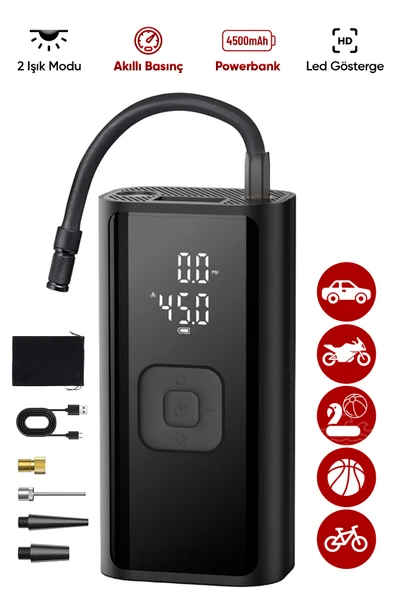 FİOPLUS 4500 Mah Taşınabilir Şarjlı Araç Lastik Hava Şişirme Pompası LED Ekran El Fenerli Oto Hava Kompresör ürün görseli 1