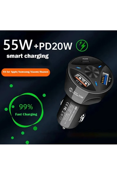 JUNGLEE Araç Çakmaklık Şarjı 2 Usb + 20w Pd Şarj Çıkışlı Hızlı Şarj Destekli 55w Qc 3.0 ürün görseli 1