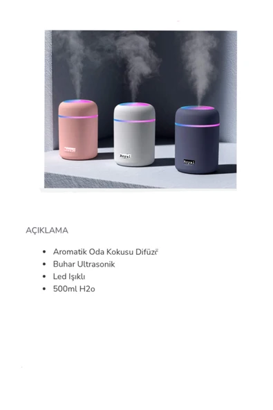 Royal ipek Hava nemlendirici(ev,araba,ofis için)USB şarjlı led ışıklı buhar makinesi aroma difüzörü ürün görseli 1