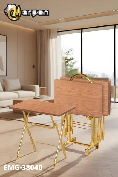 Erşen Sehpa Eranş Serisi 4'lü Katlanır MDF Mebran Ahşap Çanta Zigon Sehpa Gold Ayak ürün görseli 1