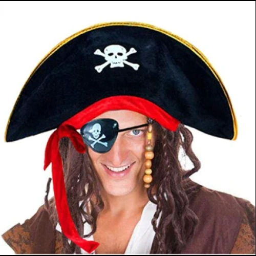 HERŞEYTREND Yetişkin Boy Kadife Kaptan Jack Sparrow Korsan Şapkası ve Plastik Korsan Göz Maskesi ürün görseli 1