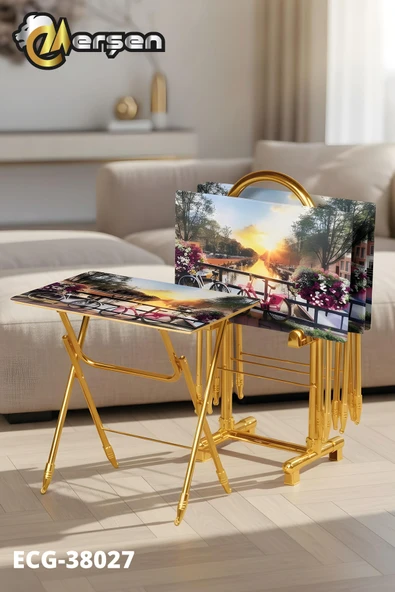 Erşen Sehpa Eranş Serisi 4'lü Katlanır CAM Bisiklet Desen Çanta Zigon Sehpa Gold Ayak ürün görseli 1
