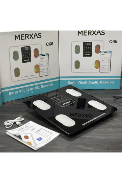 Merxas C66 Şarjlı Ekranlı Vücut Yağ Ölçekli Banyo Baskülü Akıllı Bluetooth Şarjlı Tartı Mobil Uygulamalı ürün görseli 1