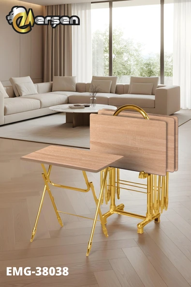 Erşen Sehpa Eranş Serisi 4'lü Katlanır MDF Mebran Ahşap Çanta Zigon Sehpa Gold Ayak ürün görseli 1