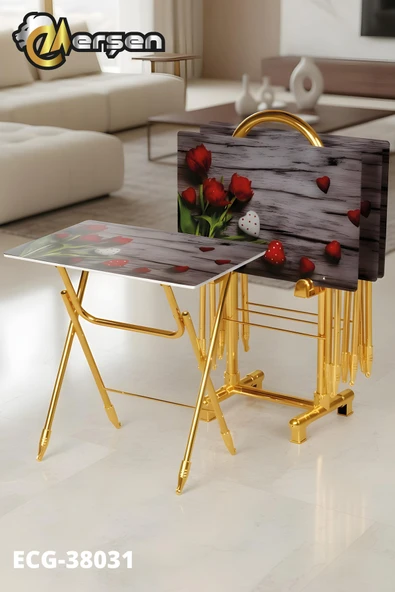 Erşen Sehpa Eranş Serisi 4'lü Katlanır CAM Ahşap Kalp ve Gül Desen Çanta Zigon Sehpa Gold Ayak ürün görseli 1