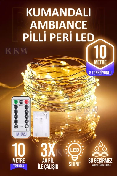 FİOPLUS 10 Metre Gün Işığı Kumandalı Pilli Peri LED 8 Fonksiyonlu Uzaktan Kumandalı Dekoratif Peri Led ürün görseli 1
