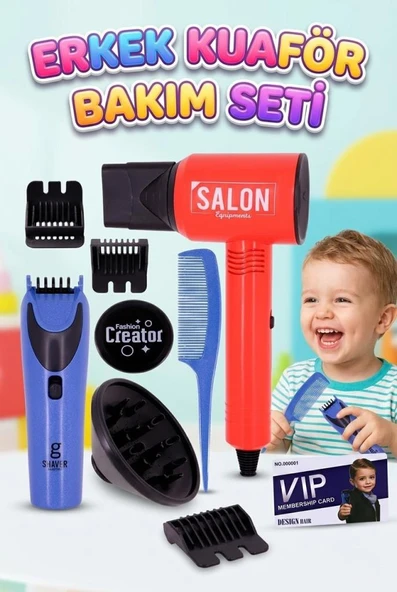 Çocuk Berber Kuaför Seti - Işıklı Sesli Tıraş Makinesi ve Fön Makinesi Rol Yapma Oyuncak Seti ürün görseli 1
