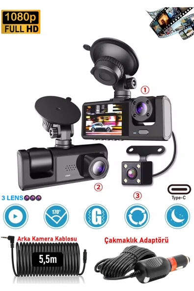 gunkes Mpia CC33 1080P Full Hd Araç içi Kamera Ön Arka ve İç Kayıt 3 Kamera Gece Görüşlü G Sensör Geniş Açı ürün görseli 1