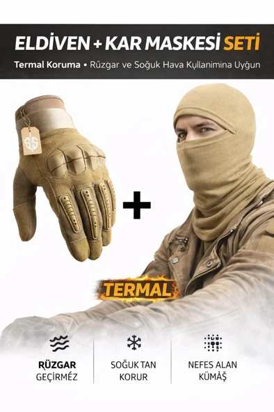 Single Sword Dokunmatik Tam Parmak Korumalı Eldiven + Termal Kar Maskesi Set Bej L ürün görseli 1