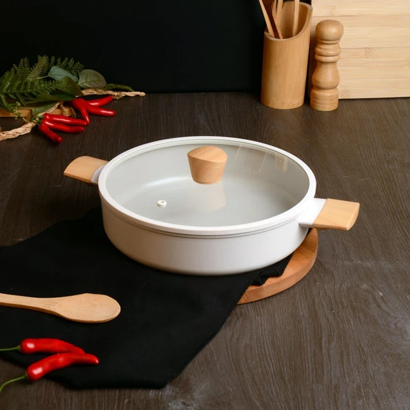 BELARIVA 26 CM BEYAZ AHSAP SAPLI BASIK TENCERE ürün görseli 1