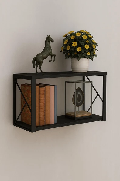 Dekoratif Siyah Ahşap Raf - 2 Katlı C Raf, Ahşap Duvar Rafı - 20x60 cm ürün görseli 1