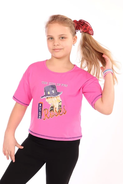 Toontoy Kız Çocuk Baskılı Bisiklet Yaka Kısa Kollu Tişört ürün görseli 1