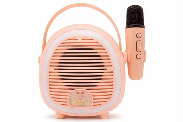 Çocuklara Özel Retro Tasarımlı Bluetooth Karaoke Mikrofon ve Ahşap Tripodlu Pembe ürün görseli 1