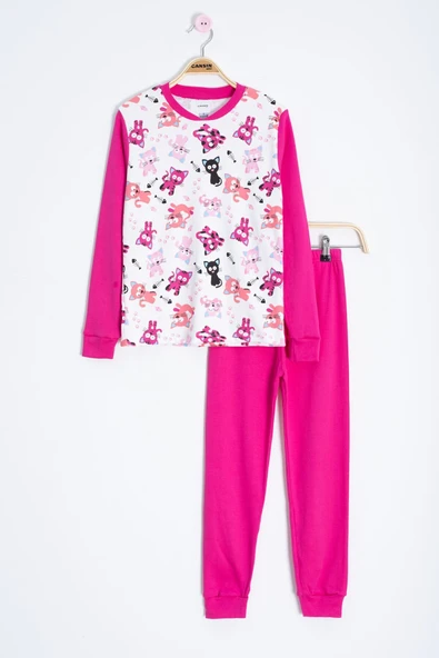 Fuşya Kedi Desenli Kız Çocuk Pijama Takımı 22767 ürün görseli 1