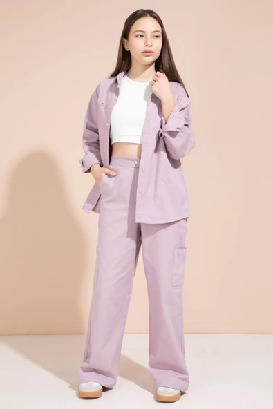 Pembe Kalp İşlemeli Gömlekli Geniş Paça Pantolonlu Kız Çocuk Gabardin Takım 23552 ürün görseli 1