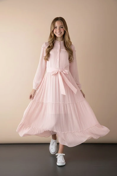 Pembe Kolları Büzgülü Kuşaklı Kız Çocuk Uzun Elbise  23399 ürün görseli 1