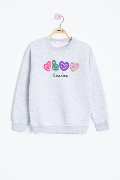 Gri Kalp Nakışlı Bisiklet Yaka Kız Çocuk Şardonlu Sweatshirt 23252 ürün görseli 1