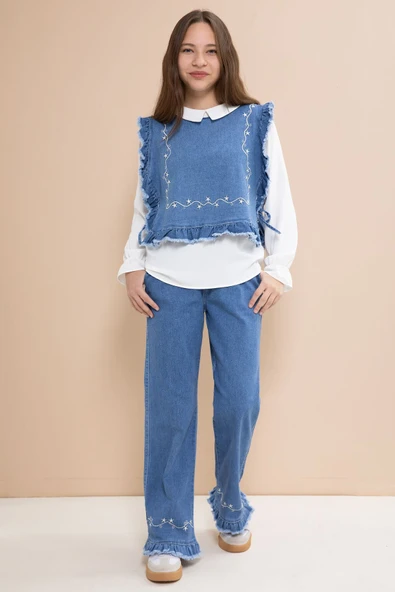 Mavi Nakışlı Jean Süveterli Püsküllü Pantolonlu 3lü Kız Çocuk Jean Takım  23483 ürün görseli 1