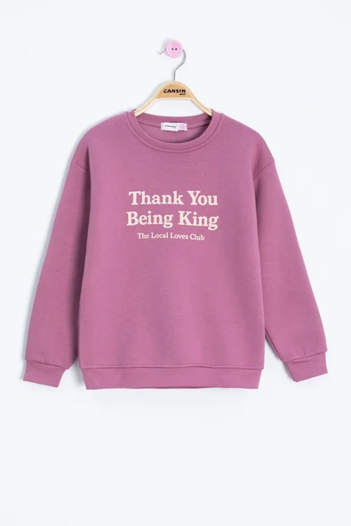 Pembe Yazı Baskılı Bisiklet Yaka Kız Çocuk Şardonlu Sweatshirt 23256 ürün görseli 1