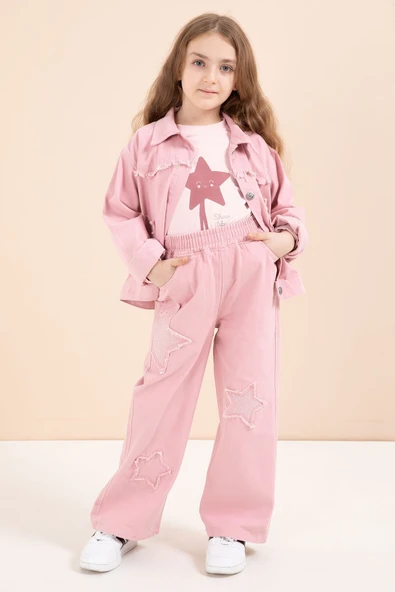 Pembe Taşlı Yıldız Nakışlı Jean Ceketli 3lü Pantolonlu Kız Takım 23435 ürün görseli 1