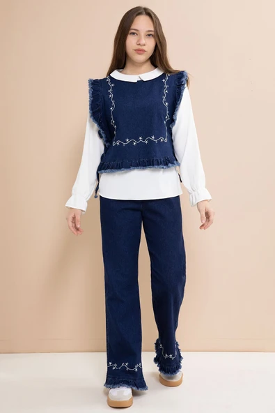 Lacivert Nakışlı Jean Süveterli Püsküllü Pantolonlu 3lü Kız Çocuk Jean Takım  23484 ürün görseli 1