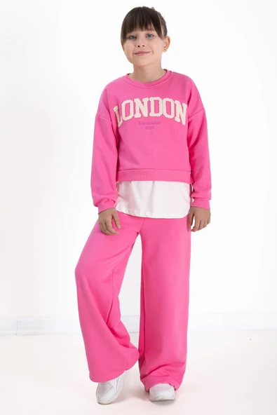 Pembe London Yazılı Nakışlı Kız Çocuk Geniş Paça Eşofman Takımı 22724 ürün görseli 1