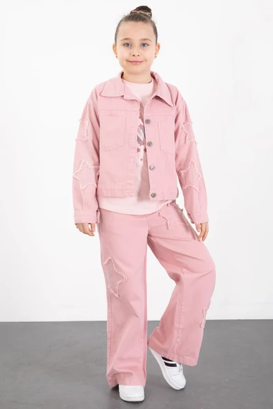 Pembe Kolları Star Taşlı Jean Ceketli Kız Çocuk 3lü Alt Üst Takım 23424 ürün görseli 1
