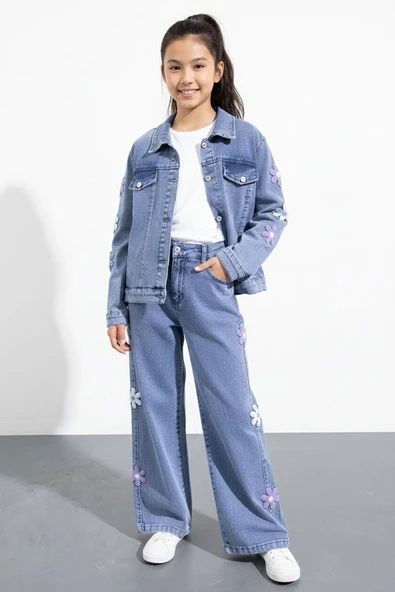 Mavi Çiçek Desenli Düğmeli Ceketli Pantolonlu Kız Çocuk Jean Takım 23485 ürün görseli 1