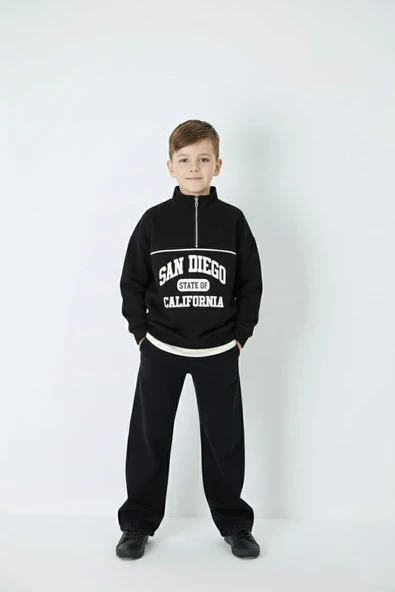 Siyah Yazı Baskılı Yarım Fermuar Sweatshirt ve Pantolonlu Erkek Takım  23509 ürün görseli 1