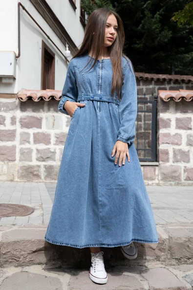 Mavi Uzun Kollu Önü Fermuarlı Kız Çocuk Kuşaklı Jean Elbise  22741 ürün görseli 1