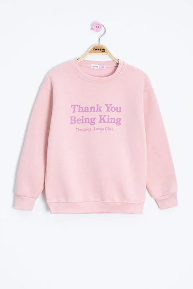 Somon Yazı Baskılı Bisiklet Yaka Kız Çocuk Şardonlu Sweatshirt 23258 ürün görseli 1